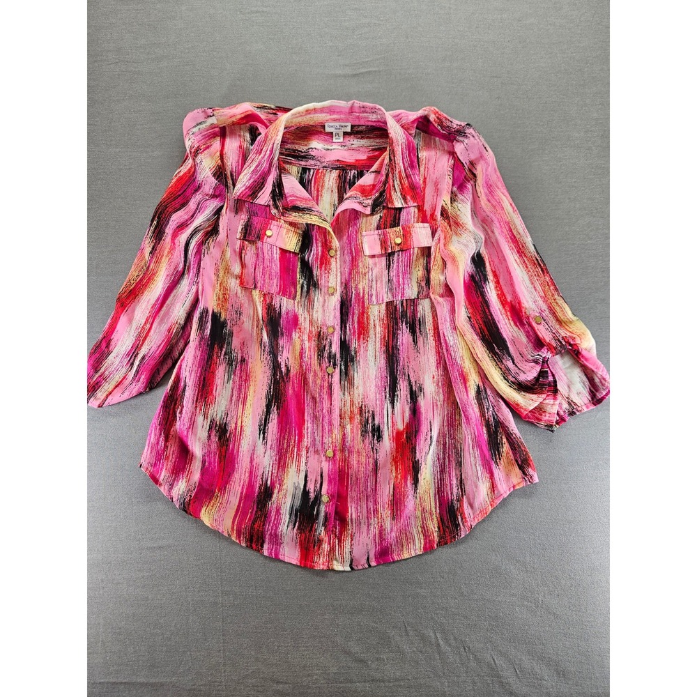 Rebecca Malone Petites Pink Abstract Brushstroke Roll Tab Button Down Blouse PL